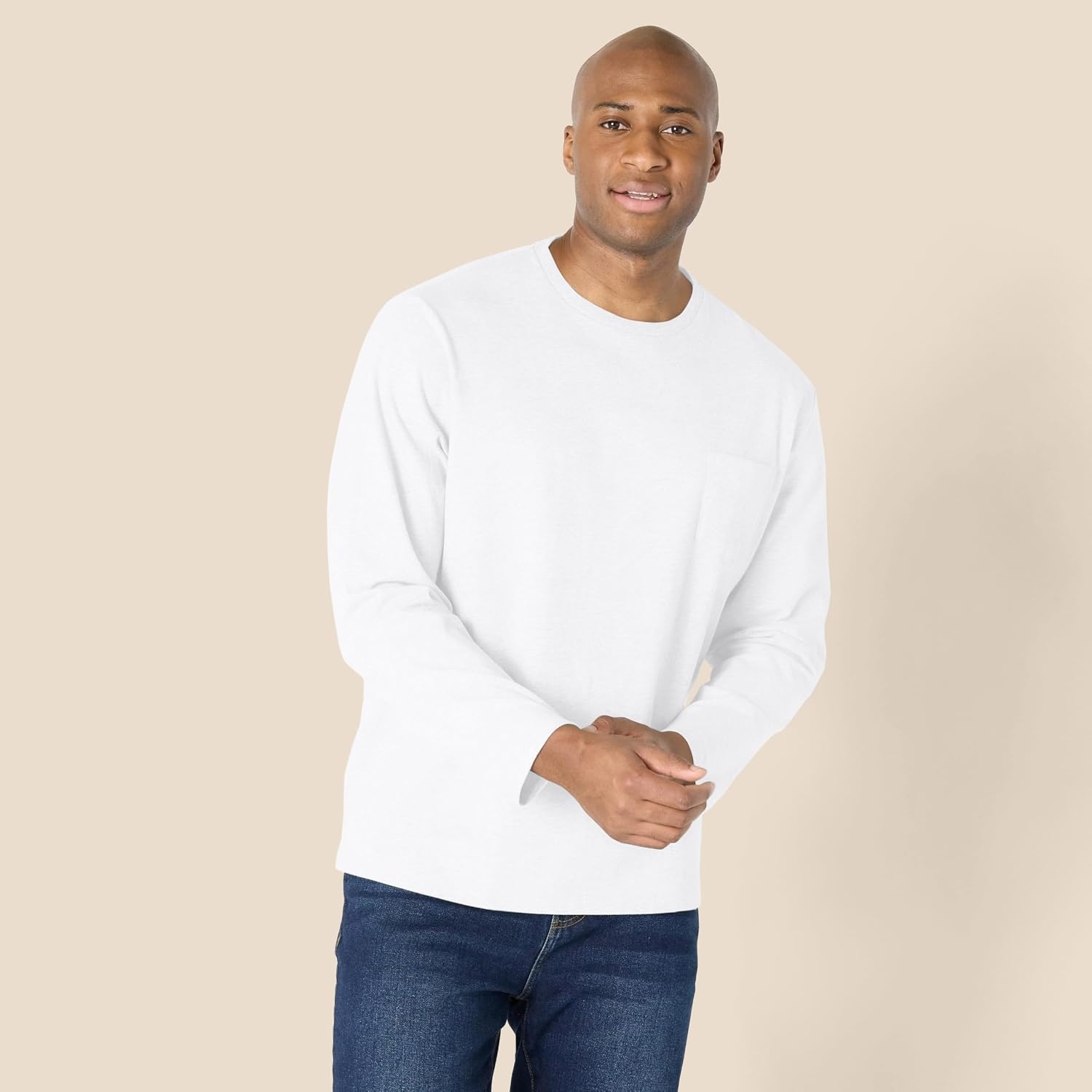 image:imageAmazon Essentials Mens RegularFit Crewneck LongSleeve TShirt Casual Cotton JerseyWhite