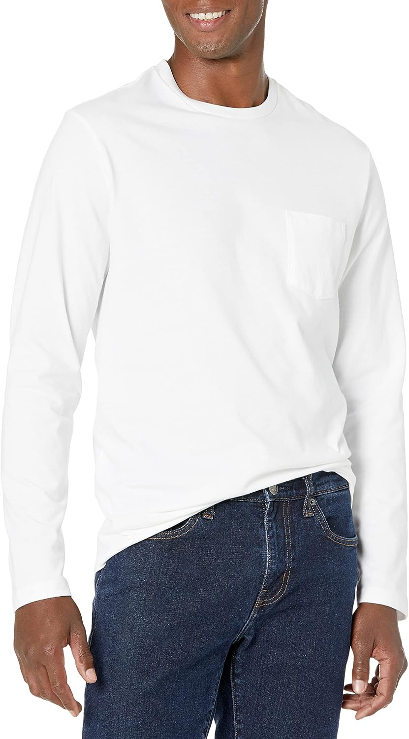 image:imageAmazon Essentials Mens RegularFit Crewneck LongSleeve TShirt Casual Cotton JerseyWhite