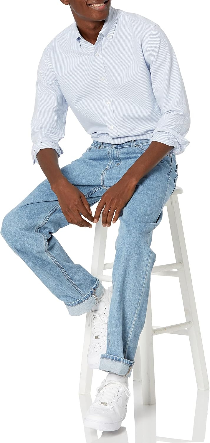 image:imageAmazon Essentials Mens RegularFit Long Sleeve Oxford Shirt 100 CottonBlue Stripe