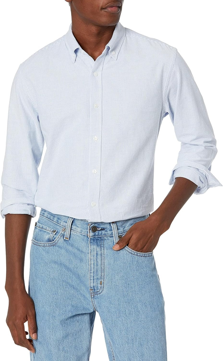 image:imageAmazon Essentials Mens RegularFit Long Sleeve Oxford Shirt 100 CottonBlue Stripe