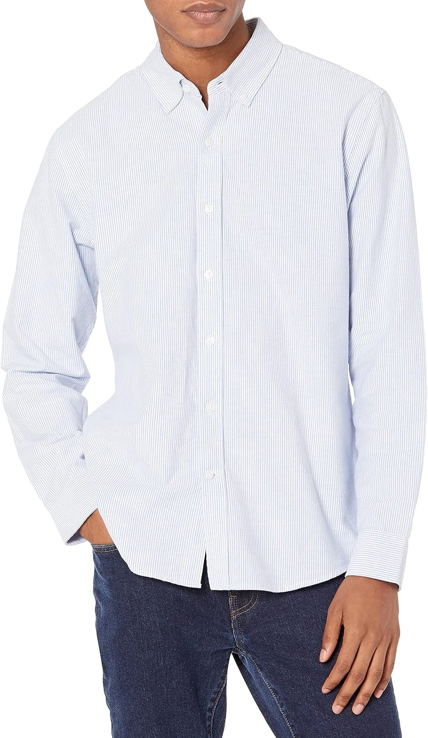 image:imageAmazon Essentials Mens RegularFit Long Sleeve Oxford Shirt 100 CottonBlue Stripe