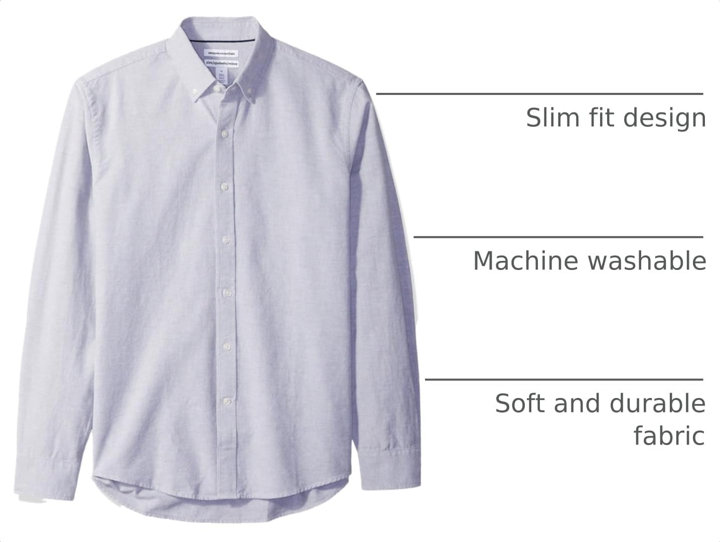 image:imageAmazon Essentials Mens RegularFit Long Sleeve Oxford Shirt 100 CottonGrey