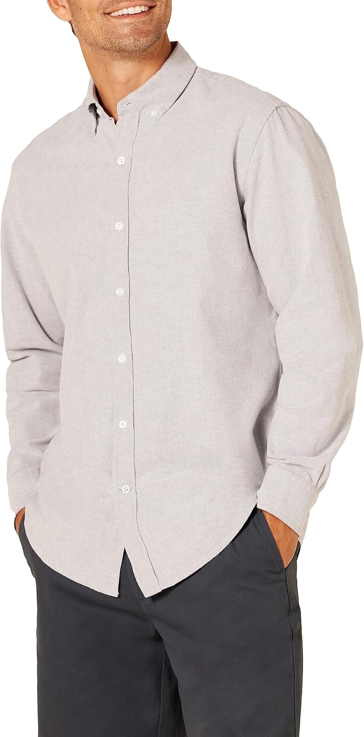 image:imageAmazon Essentials Mens RegularFit Long Sleeve Oxford Shirt 100 CottonGrey