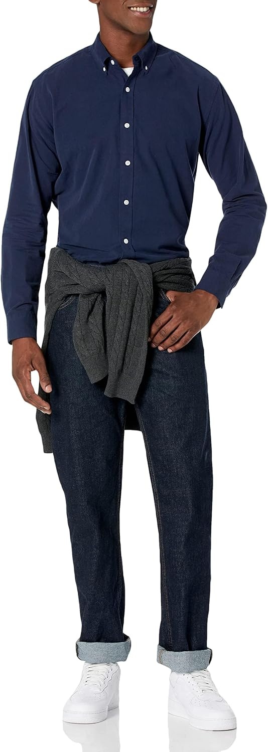 image:imageAmazon Essentials Mens RegularFit Long Sleeve Oxford Shirt 100 CottonNavy
