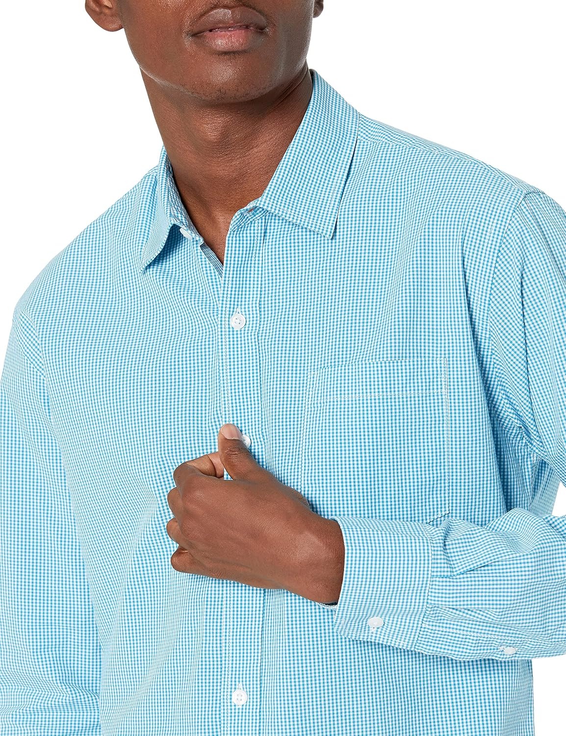 image:imageAmazon Essentials Mens RegularFit LongSleeve Casual Poplin Shirt Button Front Business Casual CollaredAqua Minigingham
