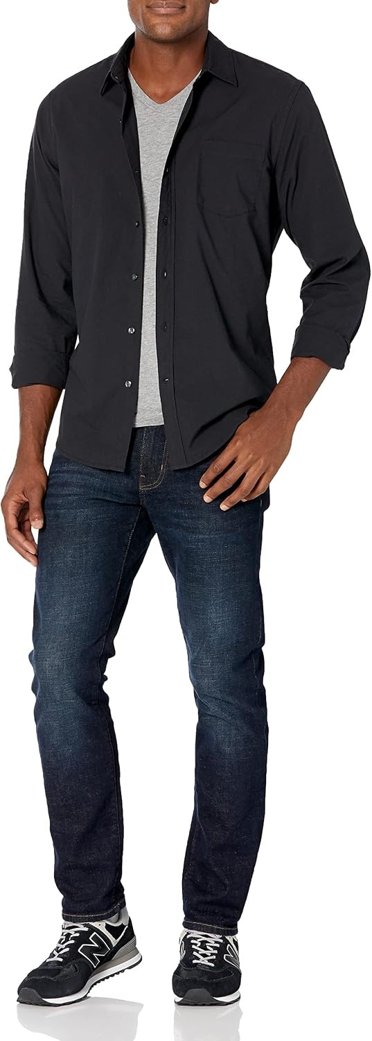 image:imageAmazon Essentials Mens RegularFit LongSleeve Casual Poplin Shirt Button Front Business Casual CollaredBlack
