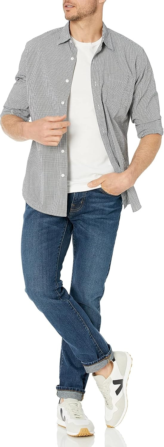 image:imageAmazon Essentials Mens RegularFit LongSleeve Casual Poplin Shirt Button Front Business Casual CollaredBlack Gingham