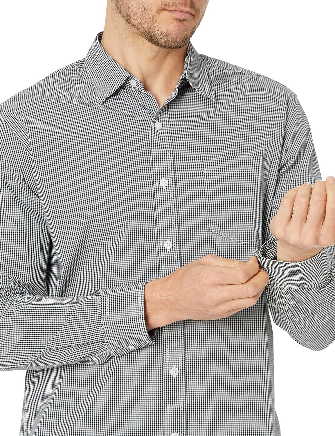 image:imageAmazon Essentials Mens RegularFit LongSleeve Casual Poplin Shirt Button Front Business Casual CollaredBlack Gingham