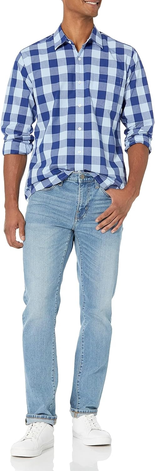image:imageAmazon Essentials Mens RegularFit LongSleeve Casual Poplin Shirt Button Front Business Casual CollaredBlue Buffalo