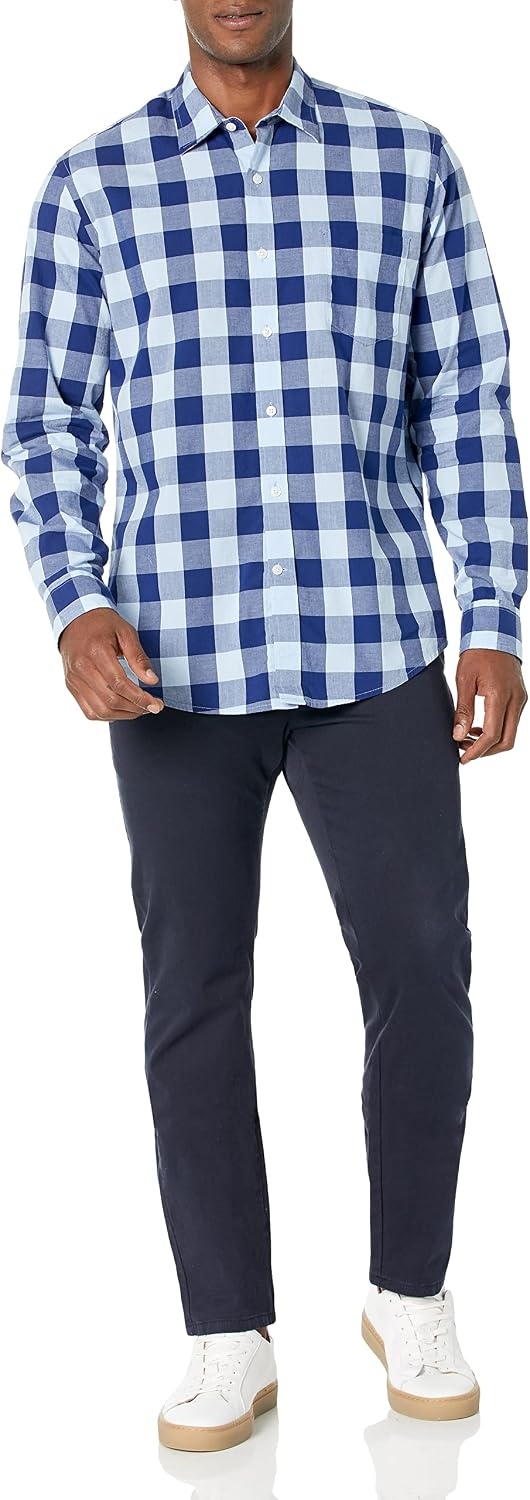 image:imageAmazon Essentials Mens RegularFit LongSleeve Casual Poplin Shirt Button Front Business Casual CollaredBlue Buffalo Check
