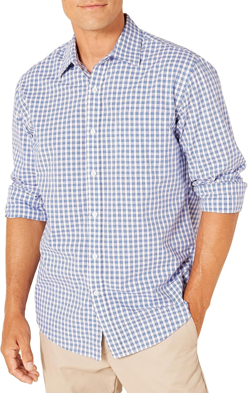 image:imageAmazon Essentials Mens RegularFit LongSleeve Casual Poplin Shirt Button Front Business Casual CollaredBlue Checks