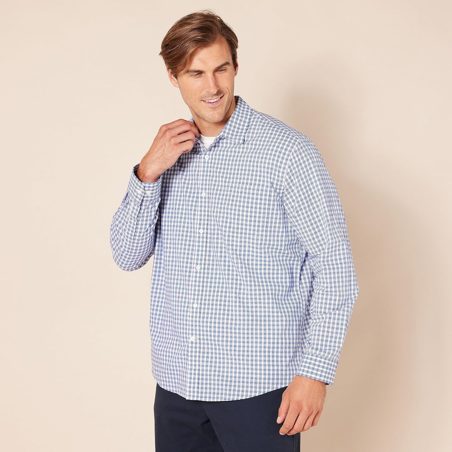 image:imageAmazon Essentials Mens RegularFit LongSleeve Casual Poplin Shirt Button Front Business Casual CollaredBlue Checks