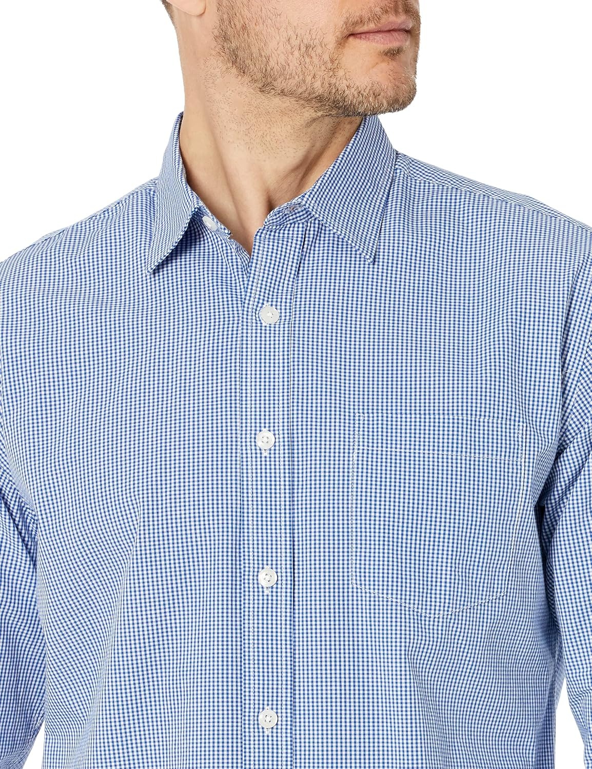 image:imageAmazon Essentials Mens RegularFit LongSleeve Casual Poplin Shirt Button Front Business Casual CollaredBlue Gingham