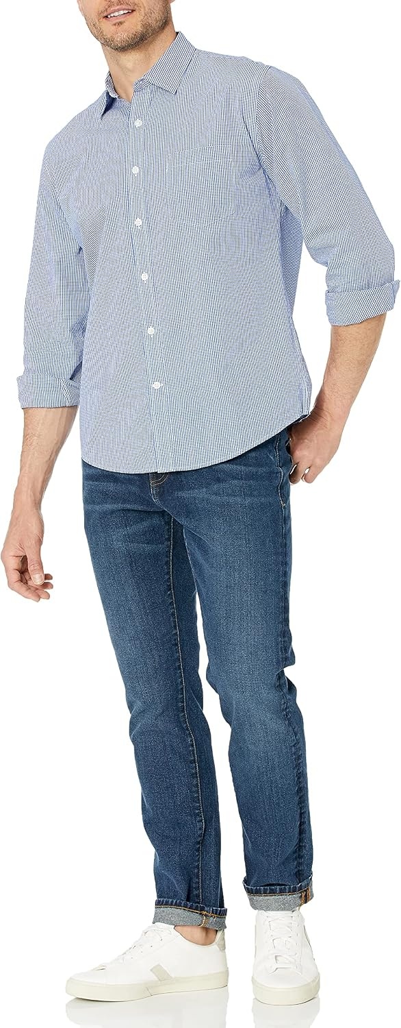 image:imageAmazon Essentials Mens RegularFit LongSleeve Casual Poplin Shirt Button Front Business Casual CollaredBlue Gingham