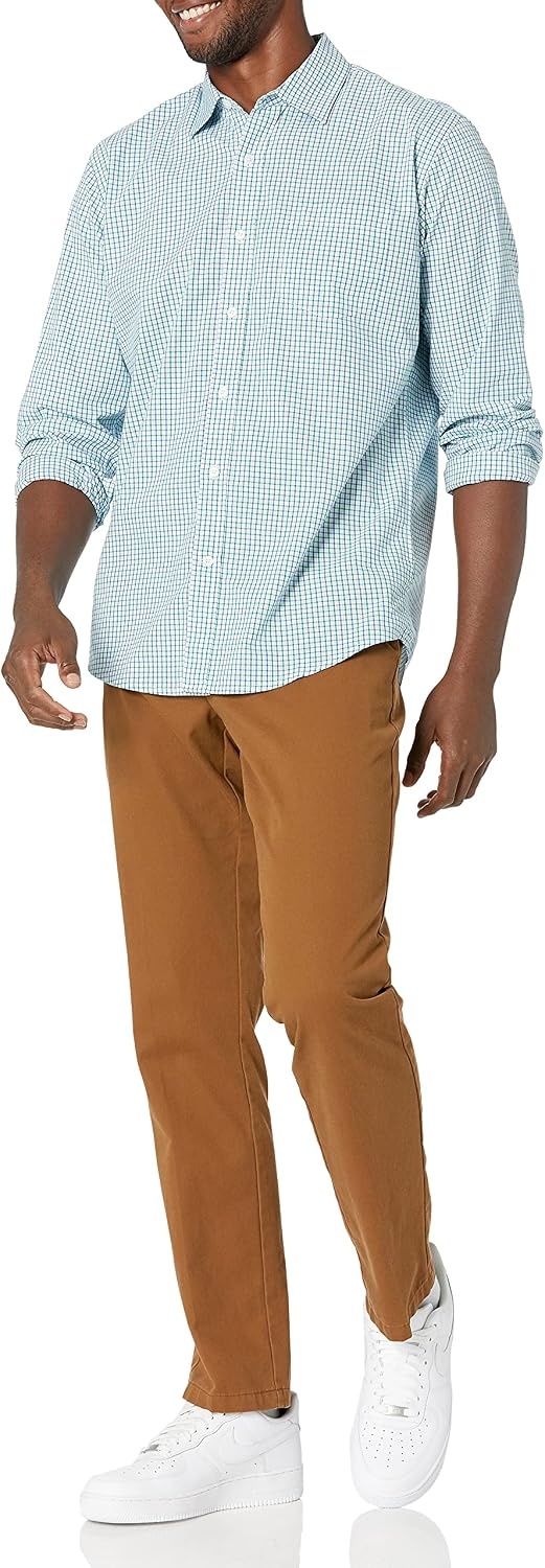 image:imageAmazon Essentials Mens RegularFit LongSleeve Casual Poplin Shirt Button Front Business Casual CollaredBlue Green Checked