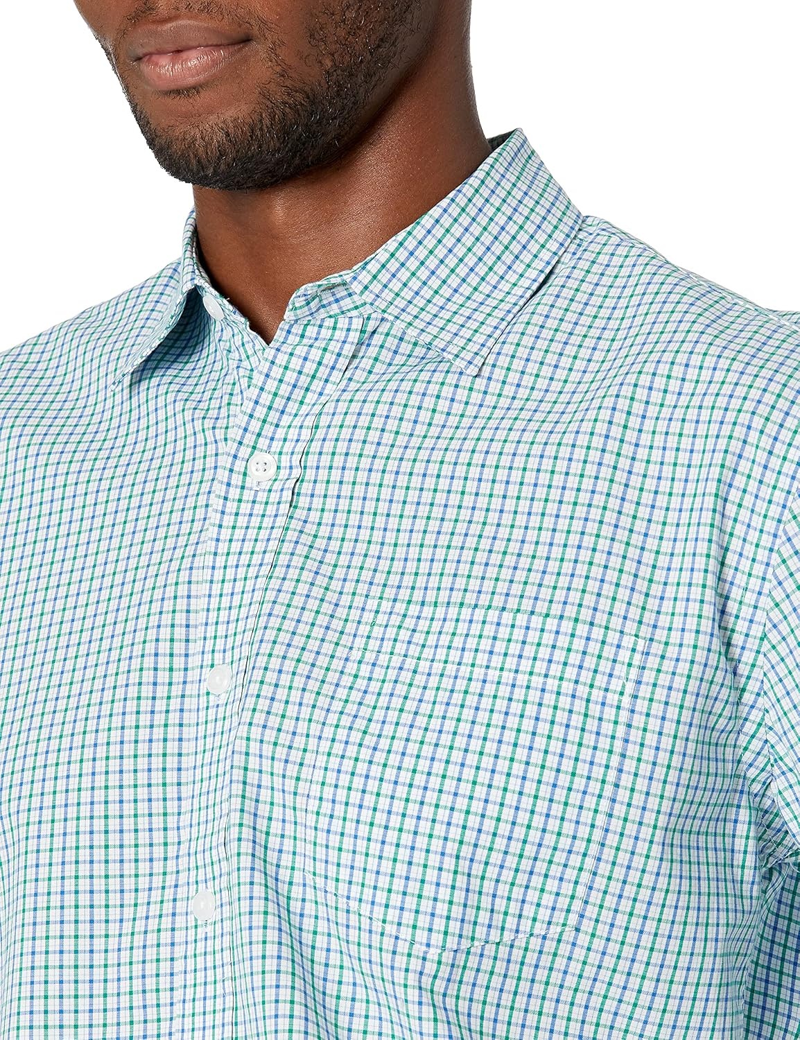 image:imageAmazon Essentials Mens RegularFit LongSleeve Casual Poplin Shirt Button Front Business Casual CollaredBlue Green Checked