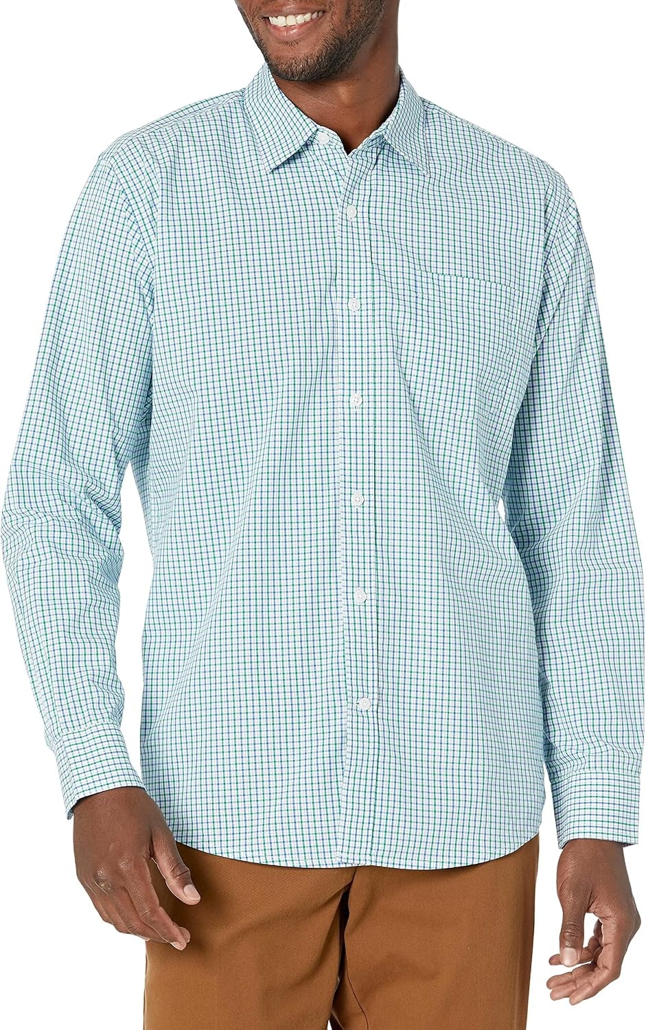 image:imageAmazon Essentials Mens RegularFit LongSleeve Casual Poplin Shirt Button Front Business Casual CollaredBlue Green Checked