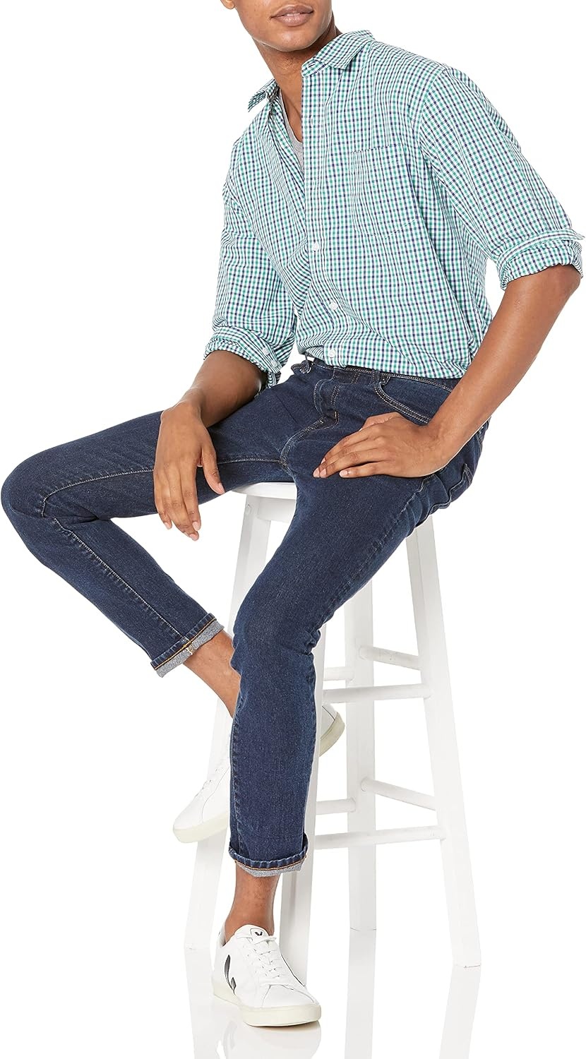 image:imageAmazon Essentials Mens RegularFit LongSleeve Casual Poplin Shirt Button Front Business Casual CollaredBlue Green Gingham