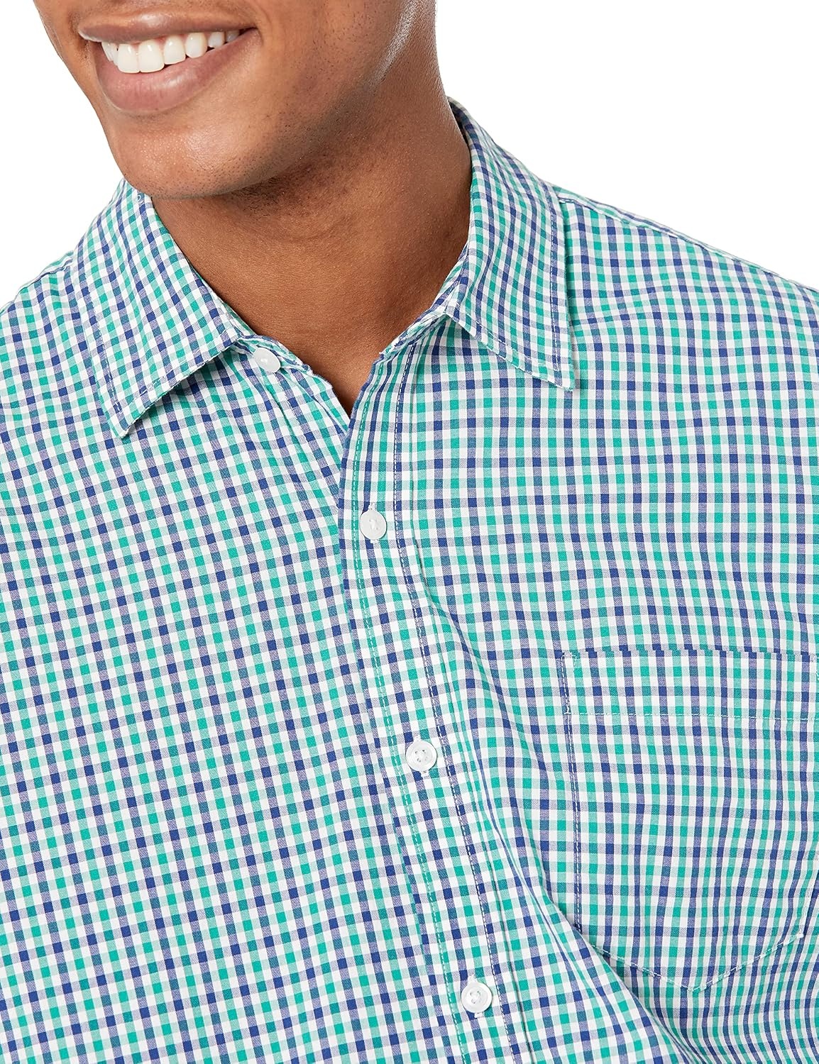 image:imageAmazon Essentials Mens RegularFit LongSleeve Casual Poplin Shirt Button Front Business Casual CollaredBlue Green Gingham