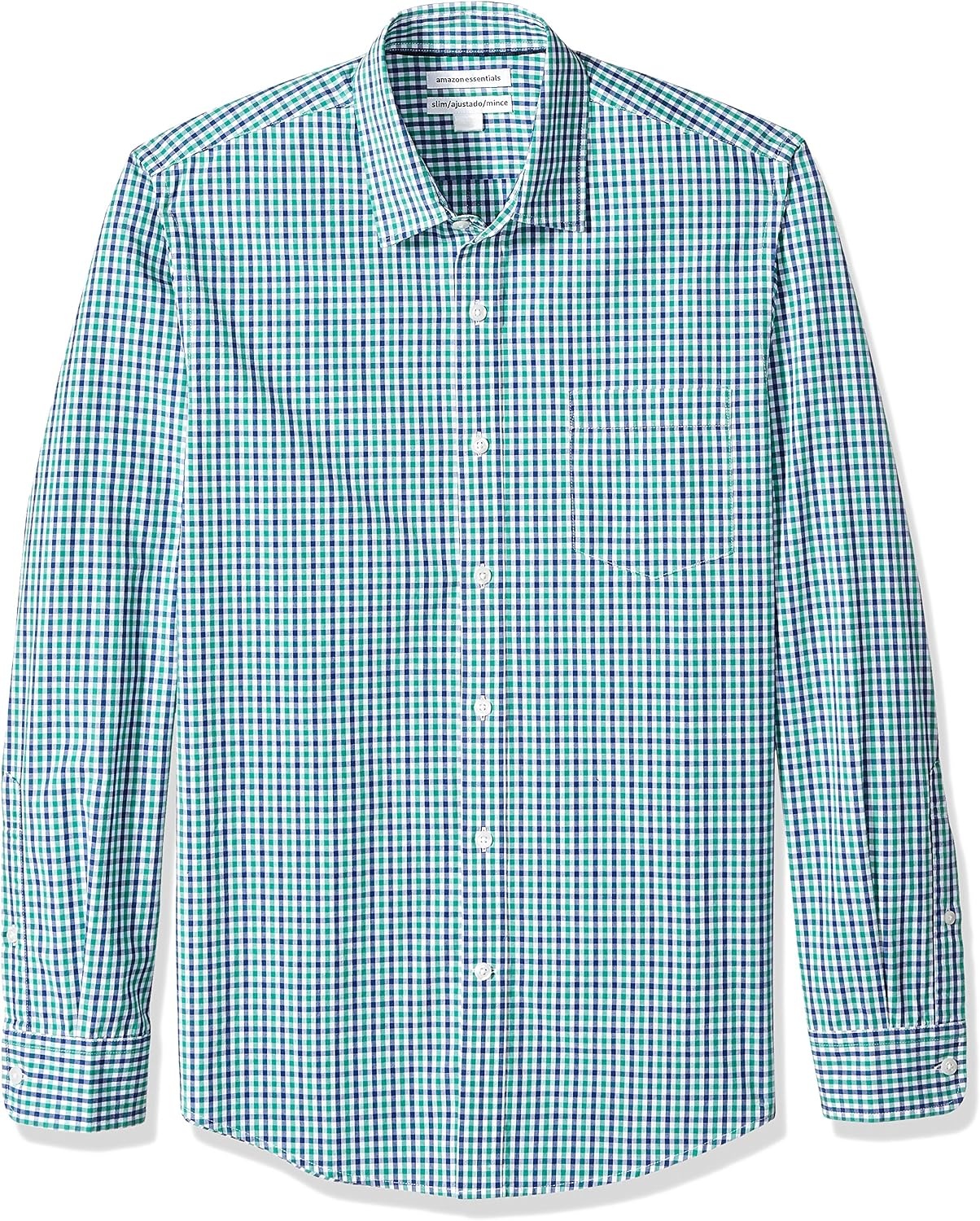 image:imageAmazon Essentials Mens RegularFit LongSleeve Casual Poplin Shirt Button Front Business Casual CollaredBlue Green Gingham