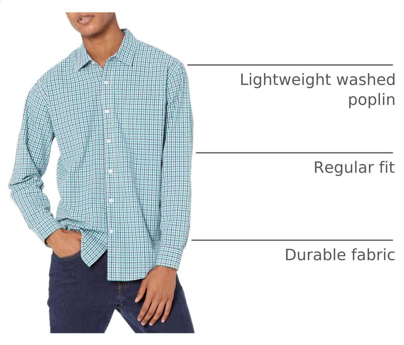 image:imageAmazon Essentials Mens RegularFit LongSleeve Casual Poplin Shirt Button Front Business Casual CollaredBlue Green Gingham