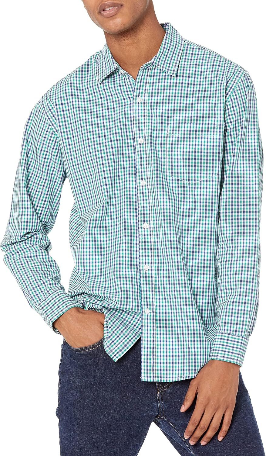 image:imageAmazon Essentials Mens RegularFit LongSleeve Casual Poplin Shirt Button Front Business Casual CollaredBlue Green Gingham