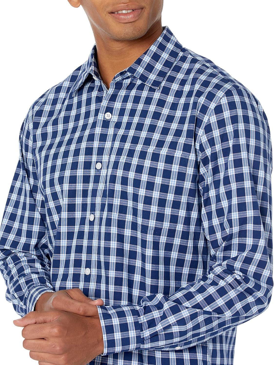 image:imageAmazon Essentials Mens RegularFit LongSleeve Casual Poplin Shirt Button Front Business Casual CollaredBlue PlaidRed