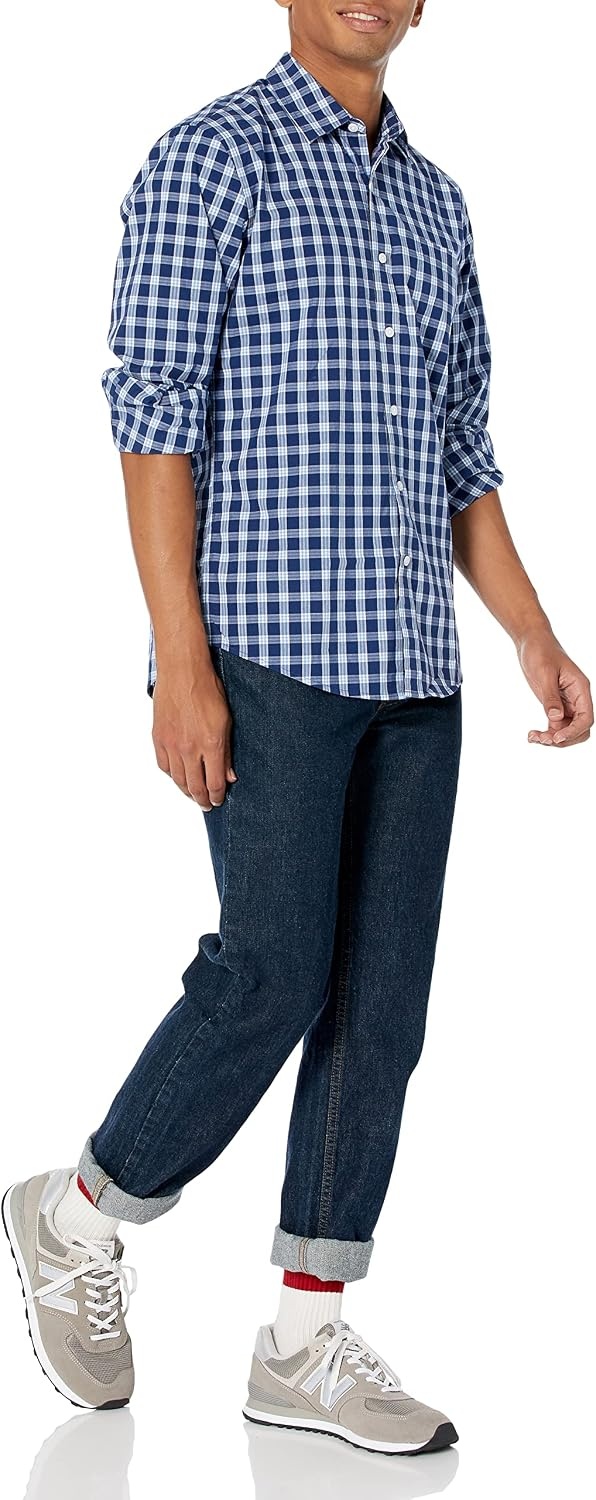 image:imageAmazon Essentials Mens RegularFit LongSleeve Casual Poplin Shirt Button Front Business Casual CollaredBlue PlaidRed