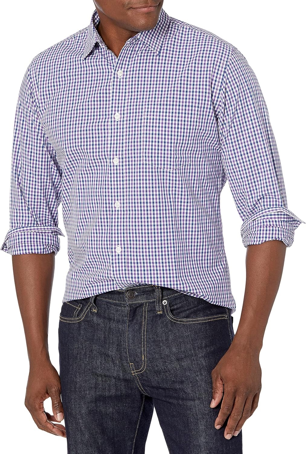 image:imageAmazon Essentials Mens RegularFit LongSleeve Casual Poplin Shirt Button Front Business Casual CollaredBlue Purple Gingham