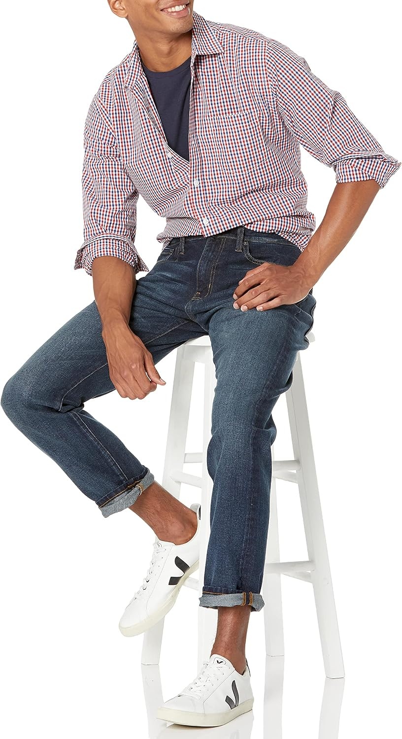 image:imageAmazon Essentials Mens RegularFit LongSleeve Casual Poplin Shirt Button Front Business Casual CollaredBlue Red Gingham