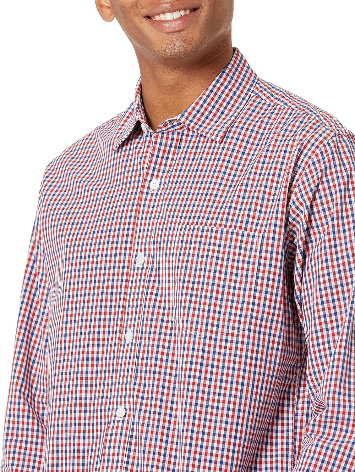 image:imageAmazon Essentials Mens RegularFit LongSleeve Casual Poplin Shirt Button Front Business Casual CollaredBlue Red Gingham