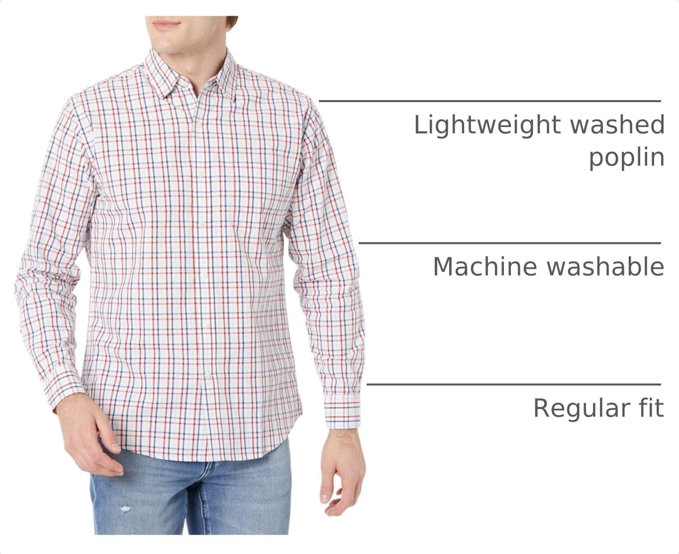 image:imageAmazon Essentials Mens RegularFit LongSleeve Casual Poplin Shirt Button Front Business Casual CollaredBlue Red White Check Plaid