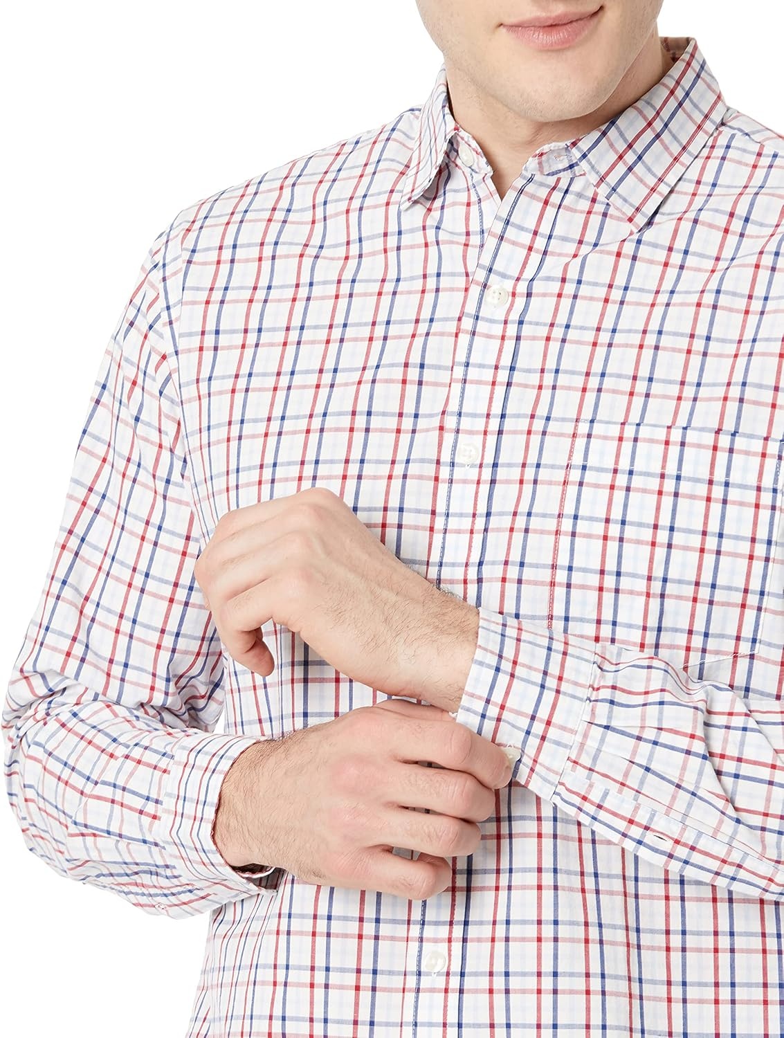 image:imageAmazon Essentials Mens RegularFit LongSleeve Casual Poplin Shirt Button Front Business Casual CollaredBlue Red White Check Plaid