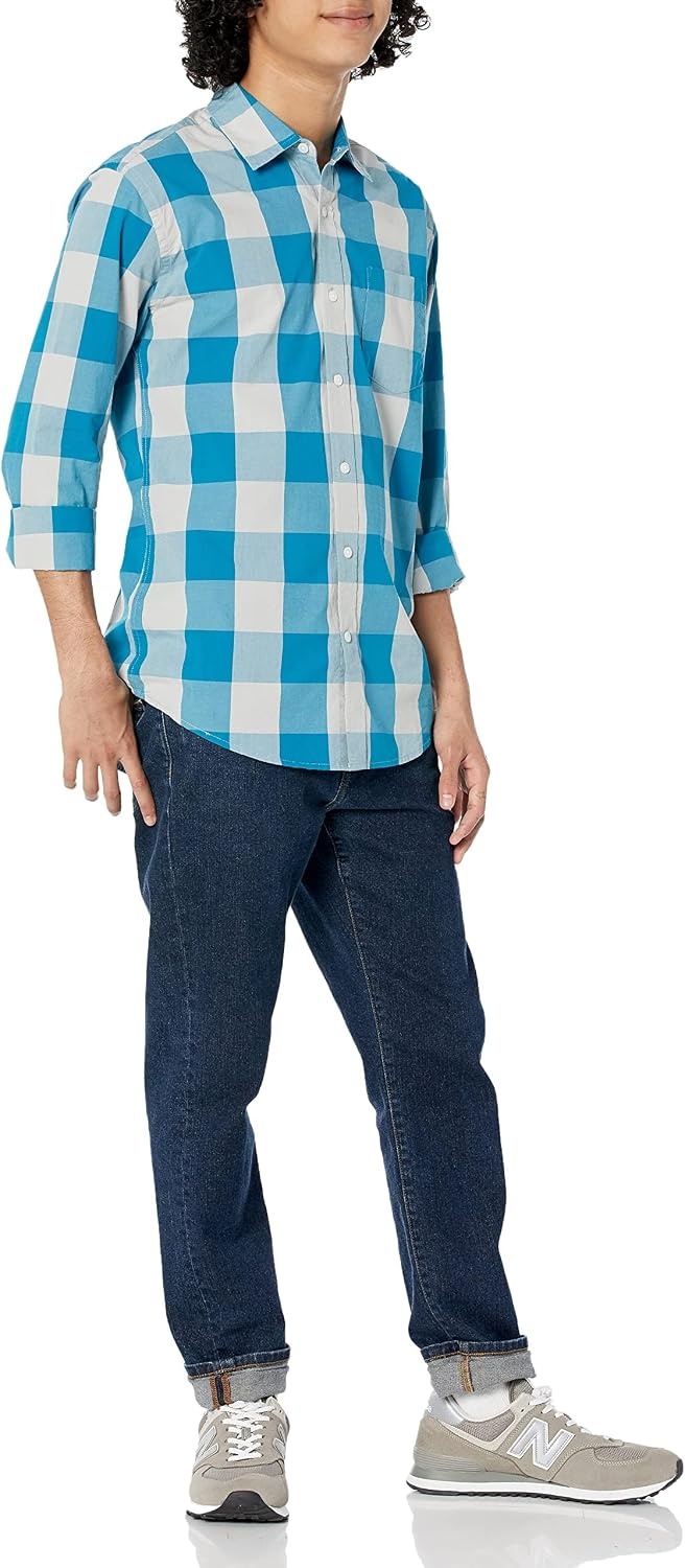 image:imageAmazon Essentials Mens RegularFit LongSleeve Casual Poplin Shirt Button Front Business Casual CollaredBlue White Buffalo Plaid