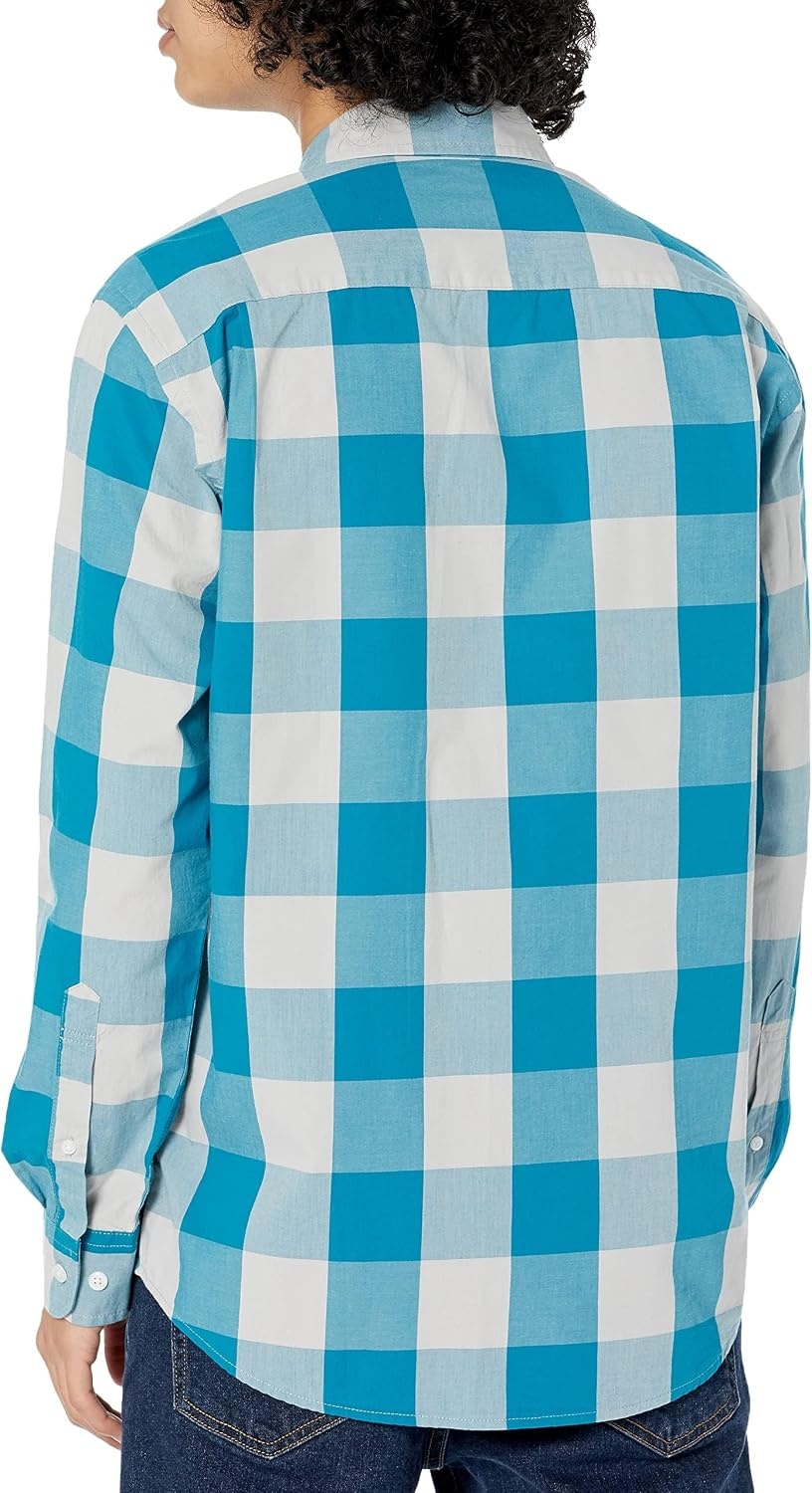 image:imageAmazon Essentials Mens RegularFit LongSleeve Casual Poplin Shirt Button Front Business Casual CollaredBlue White Buffalo Plaid