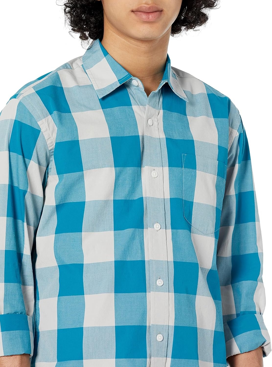 image:imageAmazon Essentials Mens RegularFit LongSleeve Casual Poplin Shirt Button Front Business Casual CollaredBlue White Buffalo Plaid