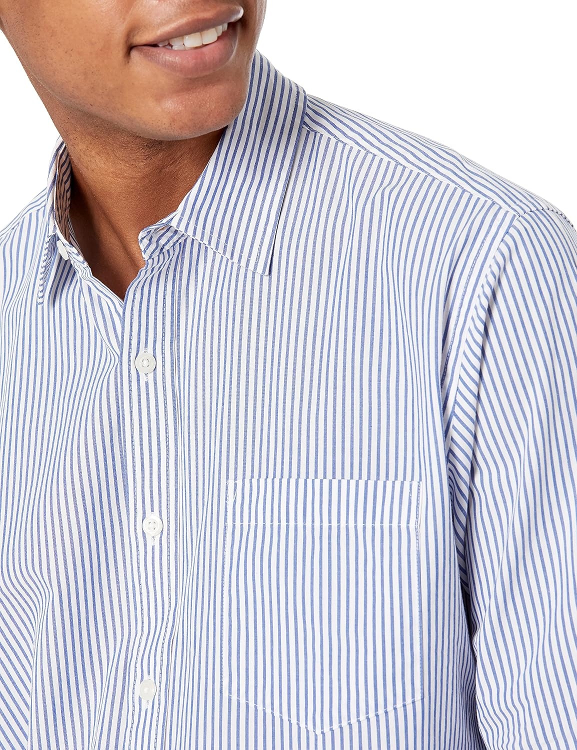 image:imageAmazon Essentials Mens RegularFit LongSleeve Casual Poplin Shirt Button Front Business Casual CollaredBlue White Vertical Stripe