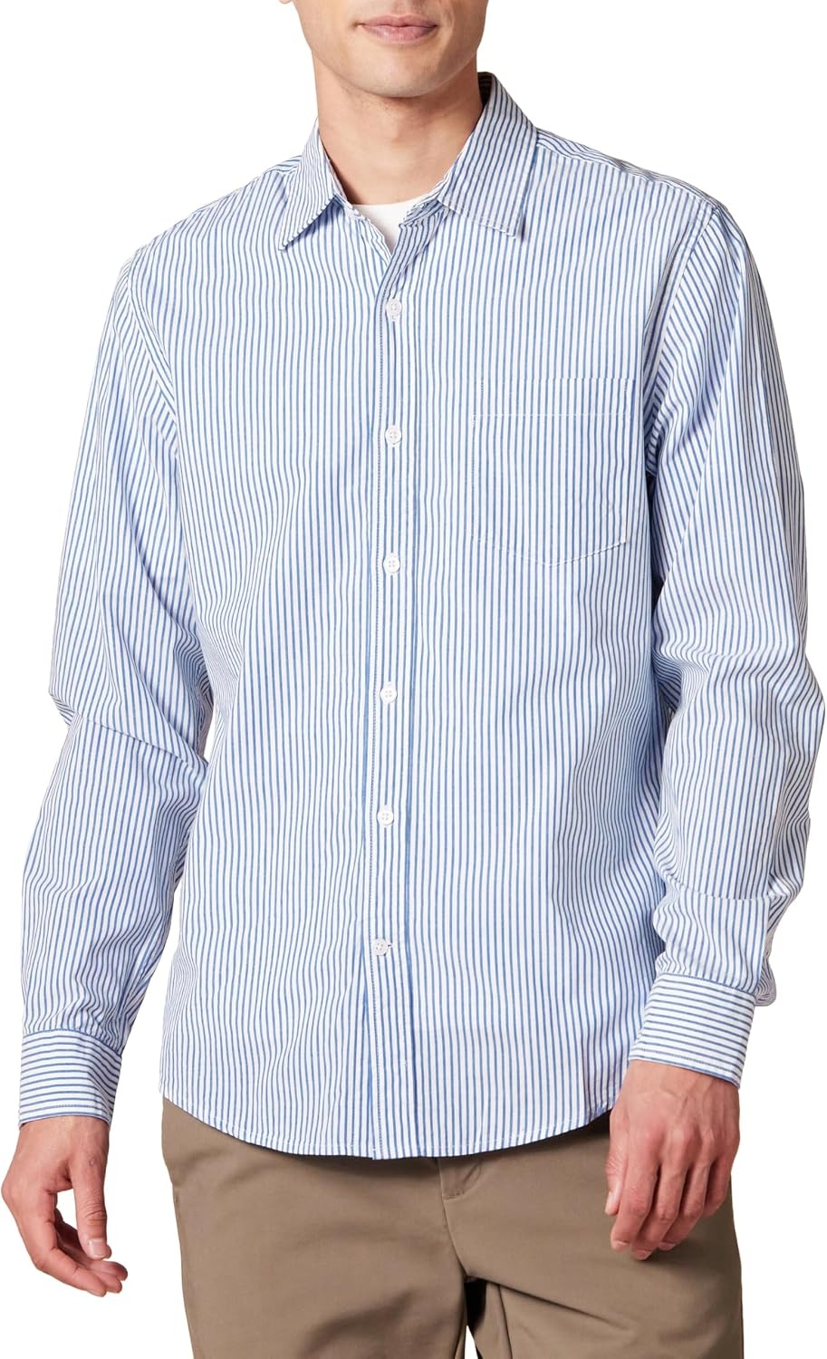image:imageAmazon Essentials Mens RegularFit LongSleeve Casual Poplin Shirt Button Front Business Casual CollaredBlue White Vertical Stripe