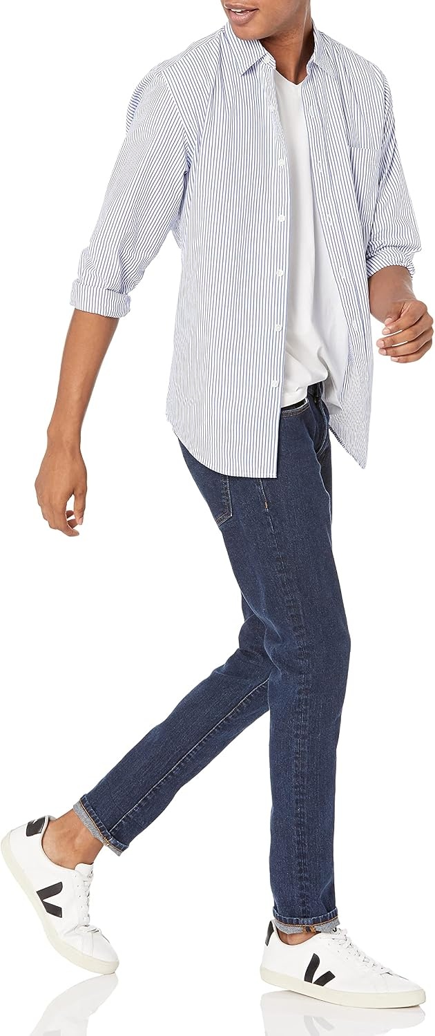 image:imageAmazon Essentials Mens RegularFit LongSleeve Casual Poplin Shirt Button Front Business Casual CollaredBlue White Vertical Stripe