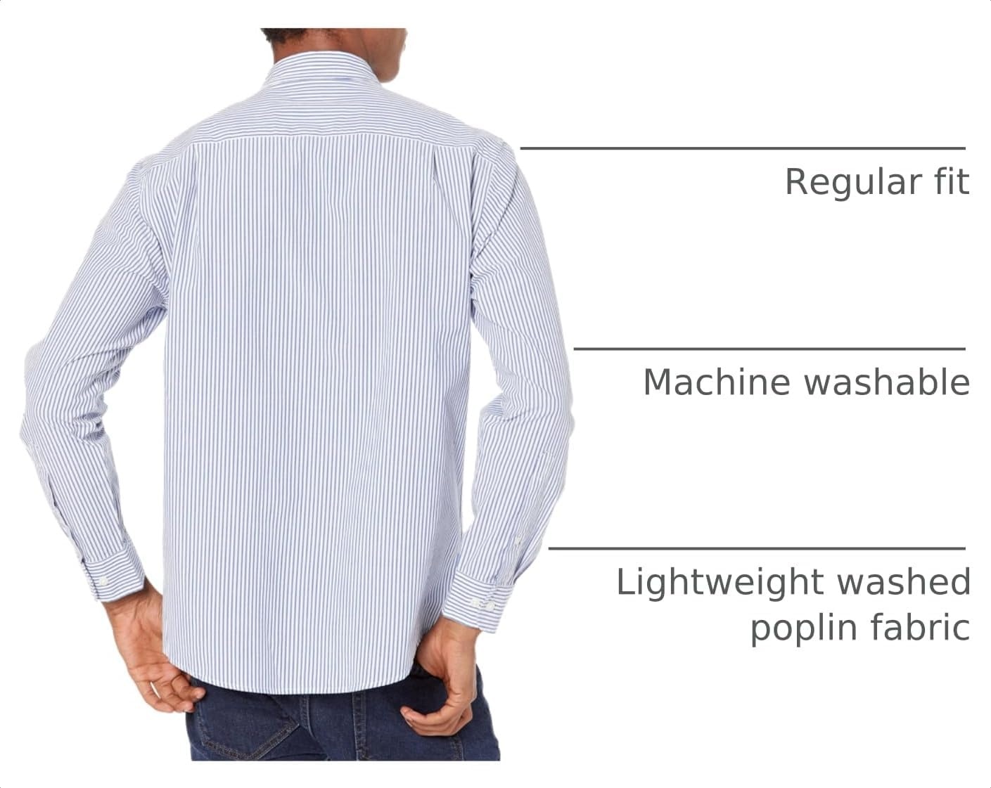 image:imageAmazon Essentials Mens RegularFit LongSleeve Casual Poplin Shirt Button Front Business Casual CollaredBlue White Vertical Stripe
