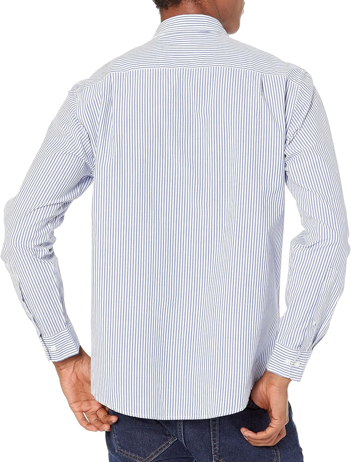 image:imageAmazon Essentials Mens RegularFit LongSleeve Casual Poplin Shirt Button Front Business Casual CollaredBlue White Vertical Stripe
