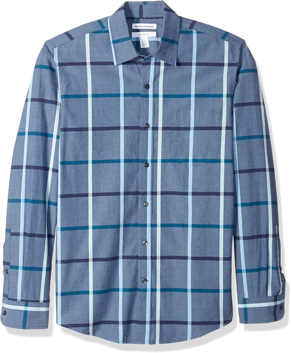 image:imageAmazon Essentials Mens RegularFit LongSleeve Casual Poplin Shirt Button Front Business Casual CollaredDenim Large Plaid