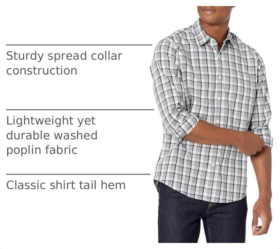 image:imageAmazon Essentials Mens RegularFit LongSleeve Casual Poplin Shirt Button Front Business Casual CollaredGrey Plaid