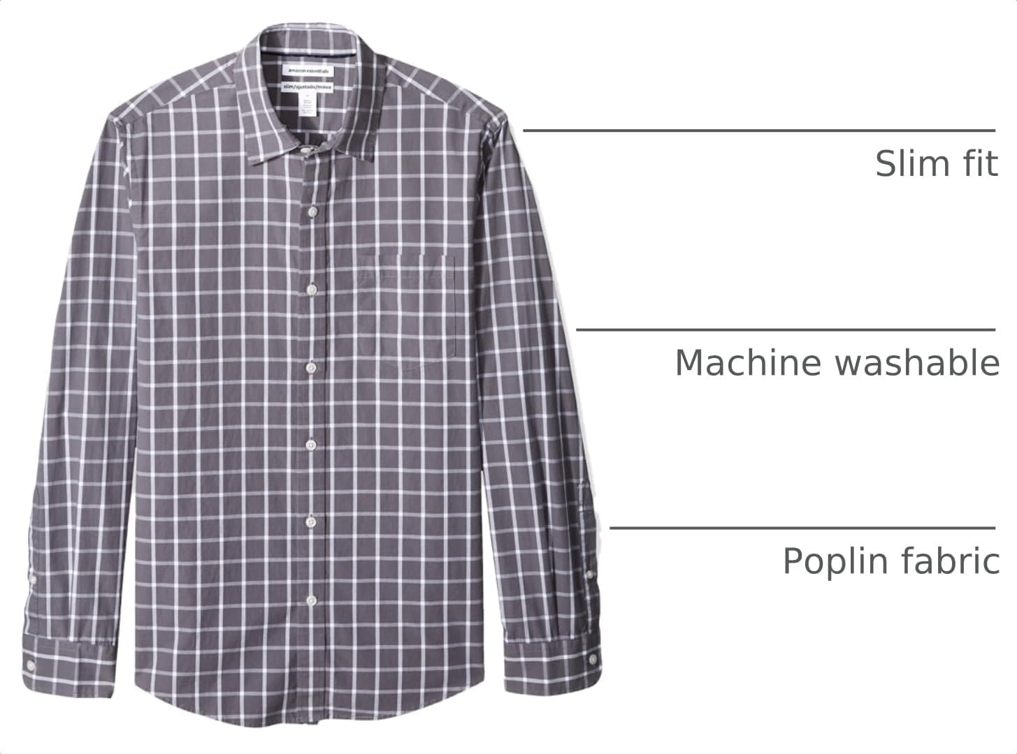 image:imageAmazon Essentials Mens RegularFit LongSleeve Casual Poplin Shirt Button Front Business Casual CollaredGrey Windowpane
