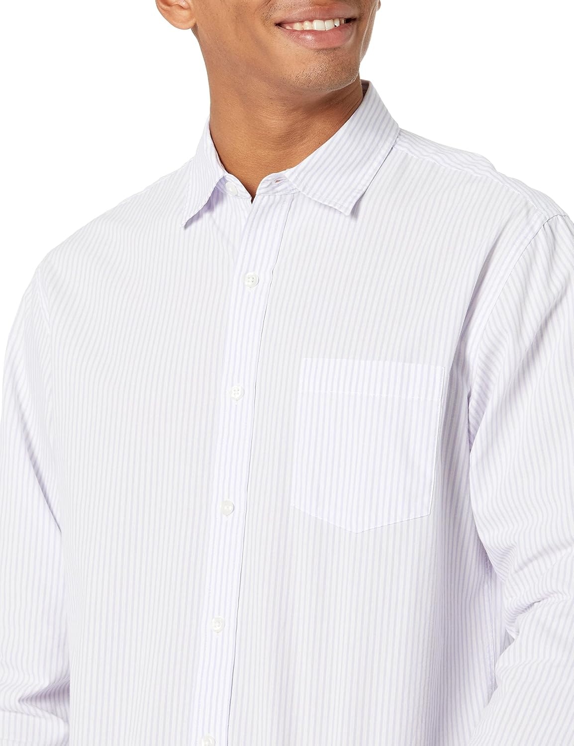 image:imageAmazon Essentials Mens RegularFit LongSleeve Casual Poplin Shirt Button Front Business Casual CollaredLavender White Vertical Stripe