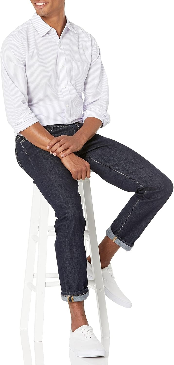 image:imageAmazon Essentials Mens RegularFit LongSleeve Casual Poplin Shirt Button Front Business Casual CollaredLavender White Vertical Stripe