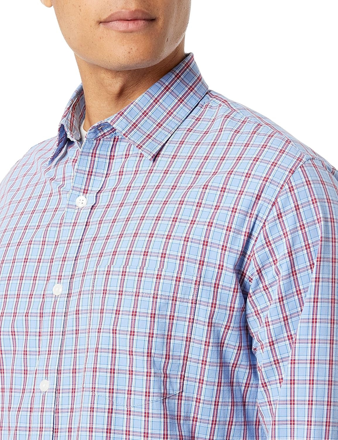 image:imageAmazon Essentials Mens RegularFit LongSleeve Casual Poplin Shirt Button Front Business Casual CollaredLight Blue Red Plaid