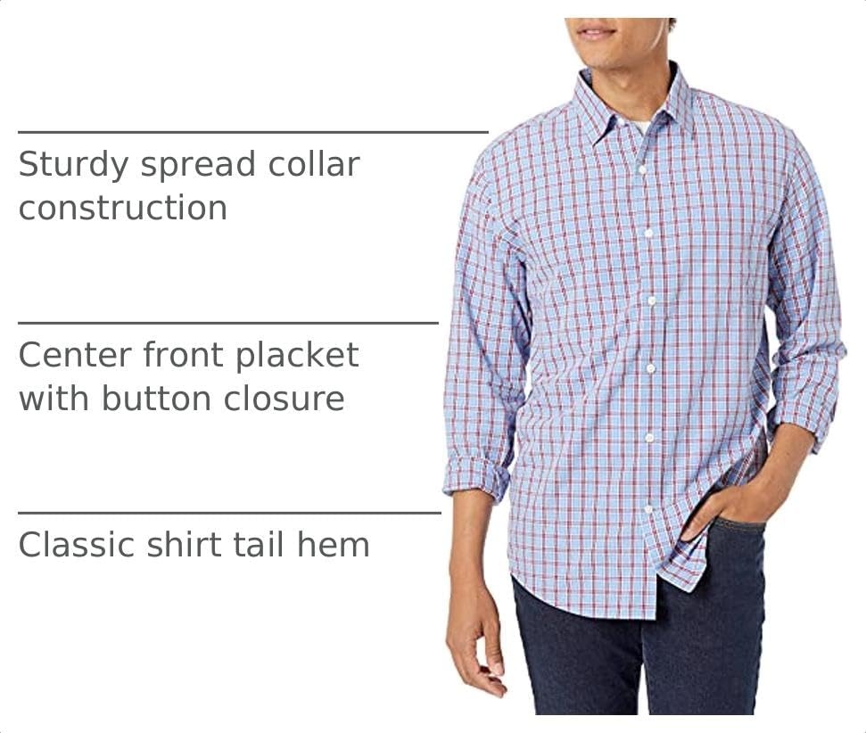image:imageAmazon Essentials Mens RegularFit LongSleeve Casual Poplin Shirt Button Front Business Casual CollaredLight Blue Red Plaid