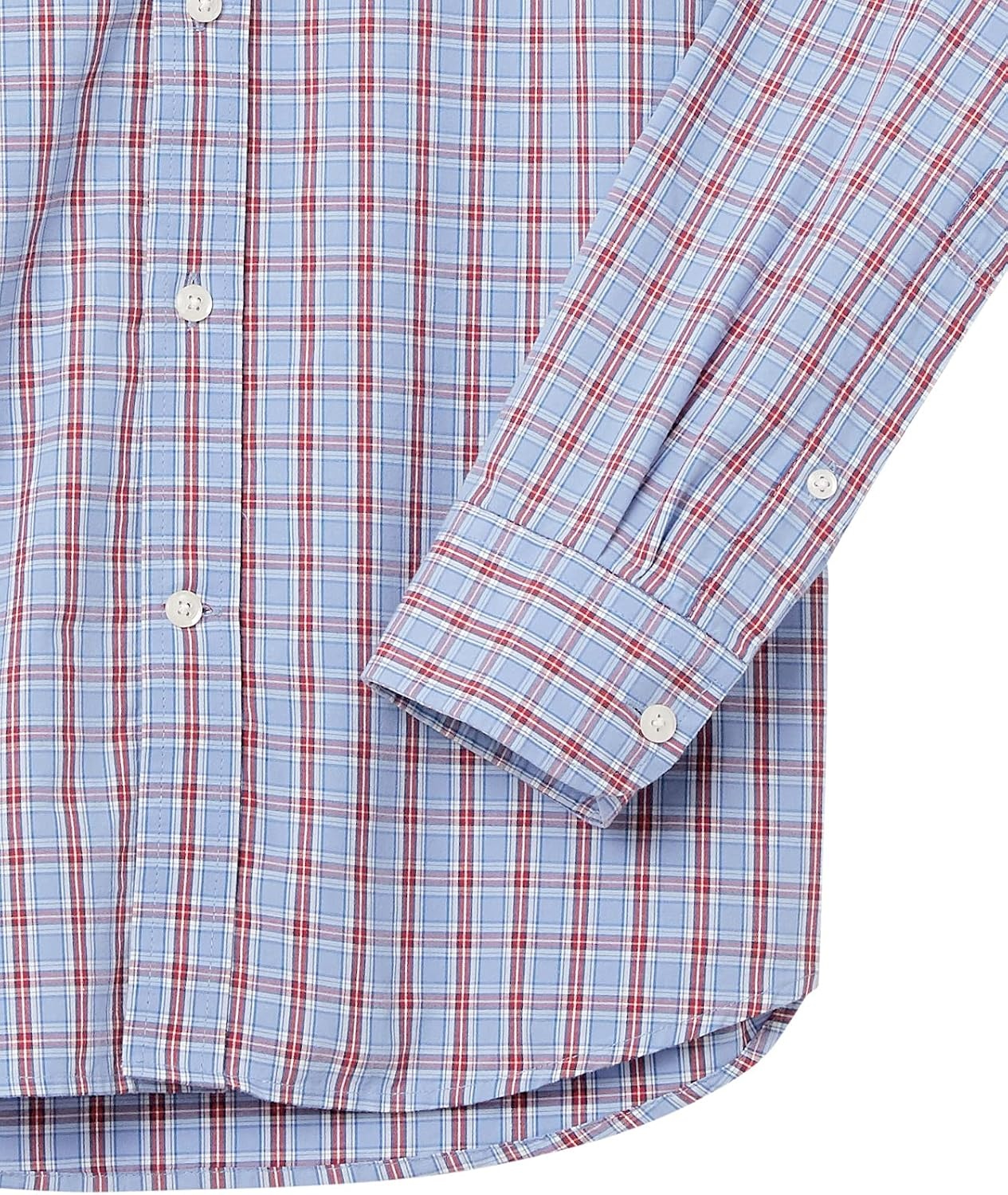 image:imageAmazon Essentials Mens RegularFit LongSleeve Casual Poplin Shirt Button Front Business Casual CollaredLight Blue Red Plaid