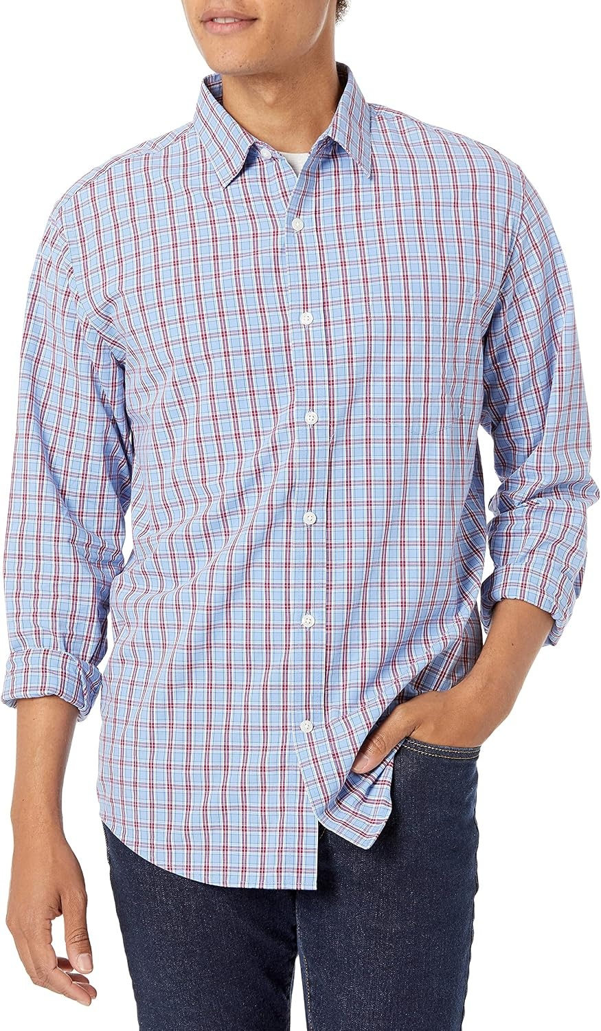 image:imageAmazon Essentials Mens RegularFit LongSleeve Casual Poplin Shirt Button Front Business Casual CollaredLight Blue Red Plaid